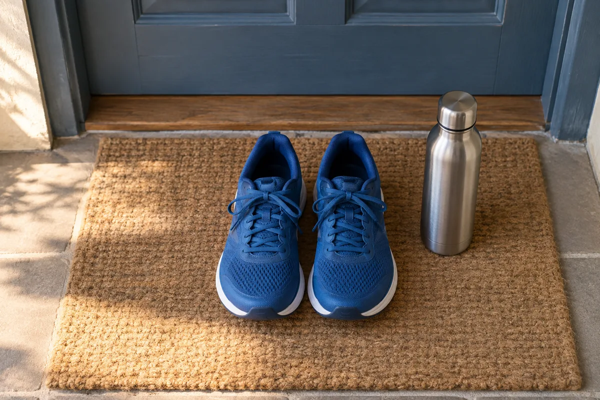 Chaussures de course bleues et gourde posées devant une porte d’entrée au matin