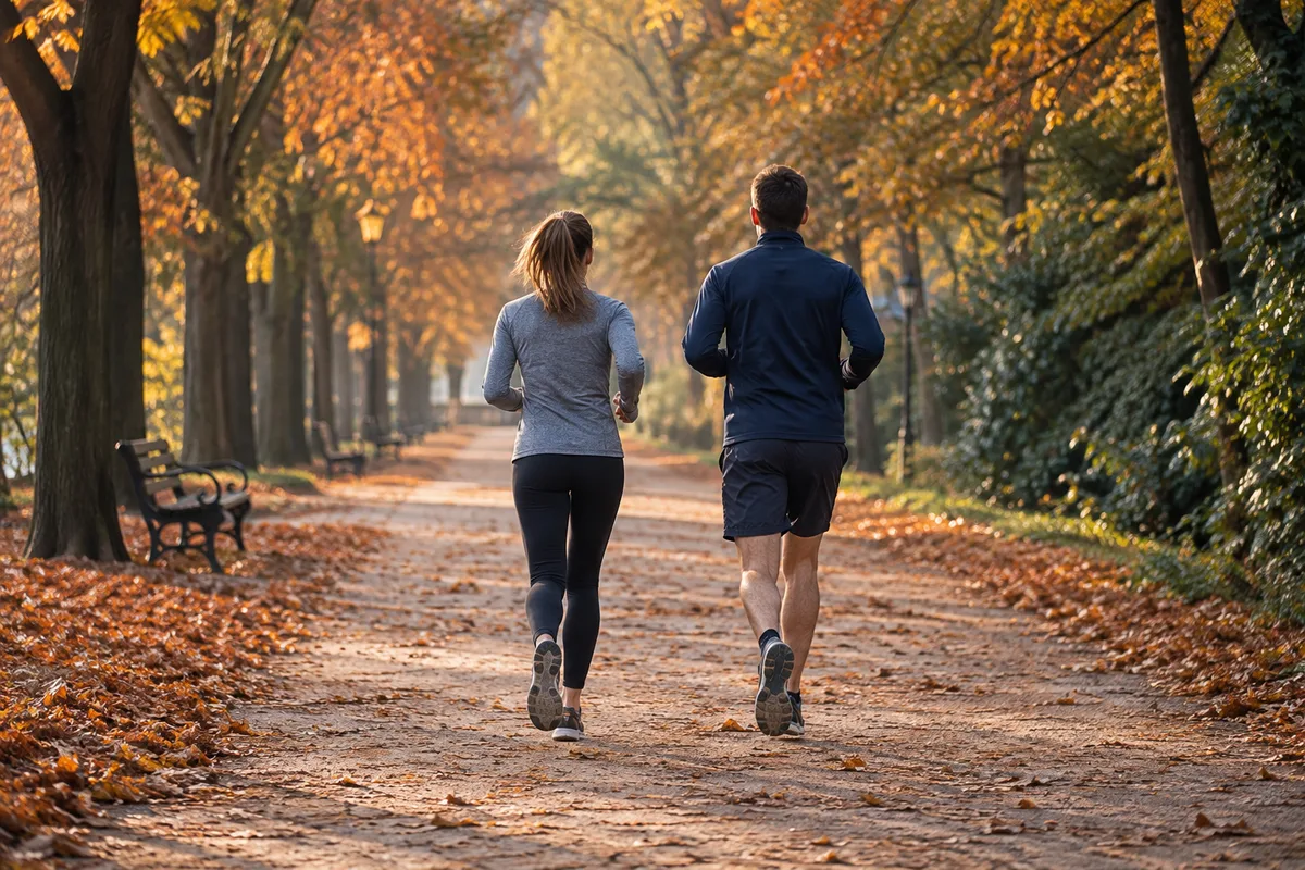 Deux coureurs de dos trottinant côte à côte dans une allée de parc en automne