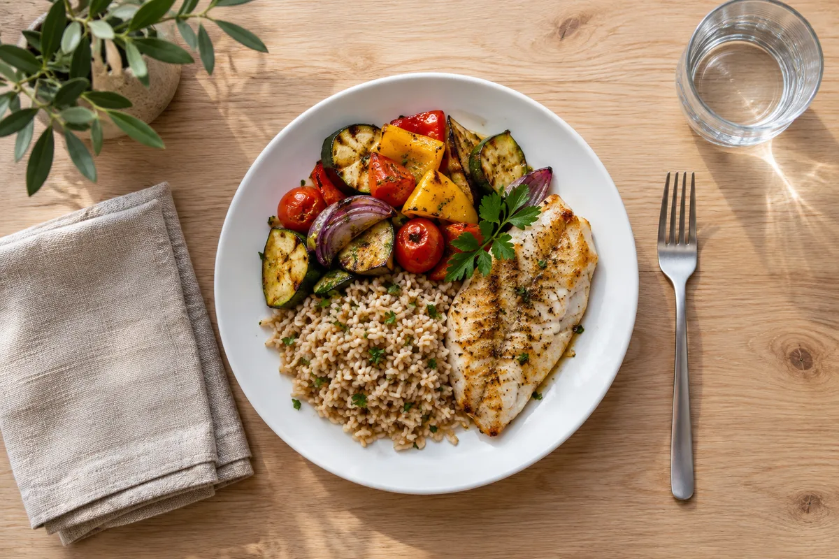 Assiette de légumes grillés, riz complet et poisson sur une table en bois clair