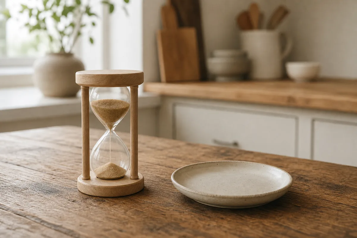 Sablier en bois et assiette vide, le timing prime sur l’aliment