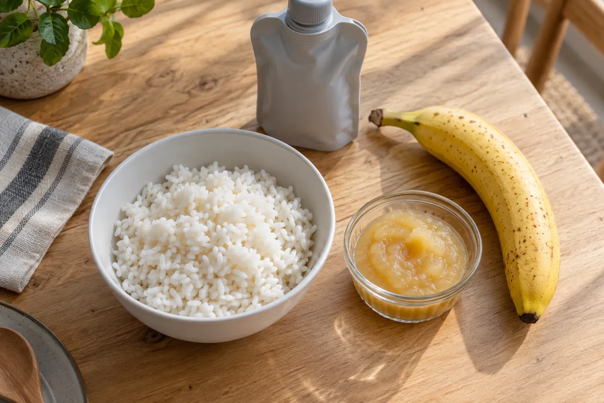 Bol de riz blanc, banane et compote sur une table en bois