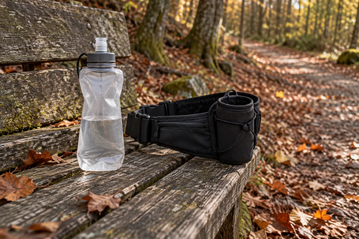 Gourde souple et ceinture porte-bidon posées sur un banc en bois